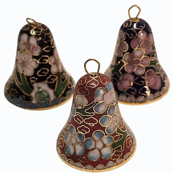 unbranded Other - Vintage Cloisonné Miniature 1.25 inch Enamel Brass Bells Floral Motif Set of 3